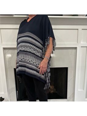 Chico's Elegant Blue and White Knit V-Neck Poncho with Fringe Details Size S/M